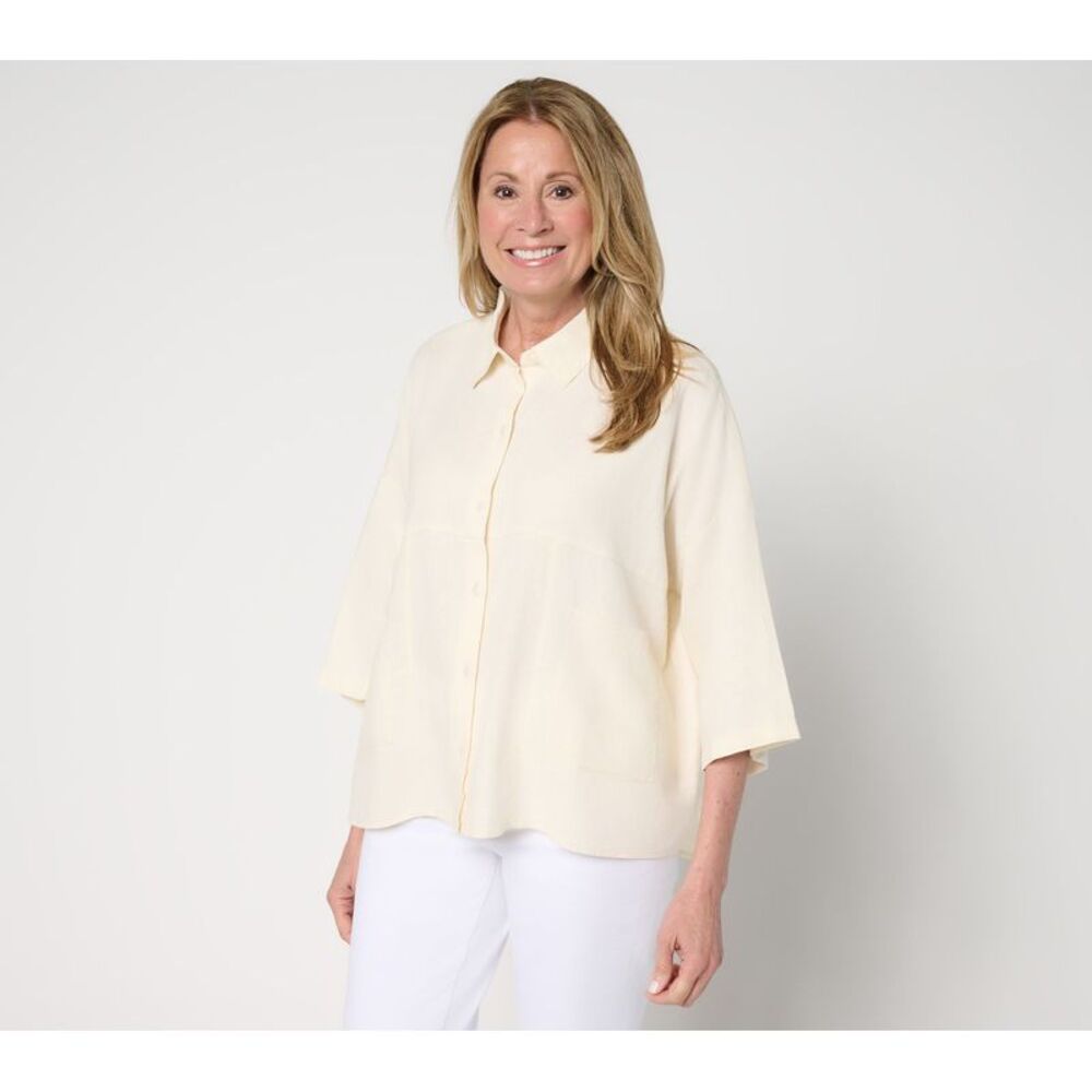 Peace Love World Women's Top Sz L Boheme Linen Blend Pieced Short White A691379